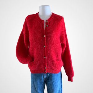 St. Michael Red Mohair Blend Chunky Knit Cardigan